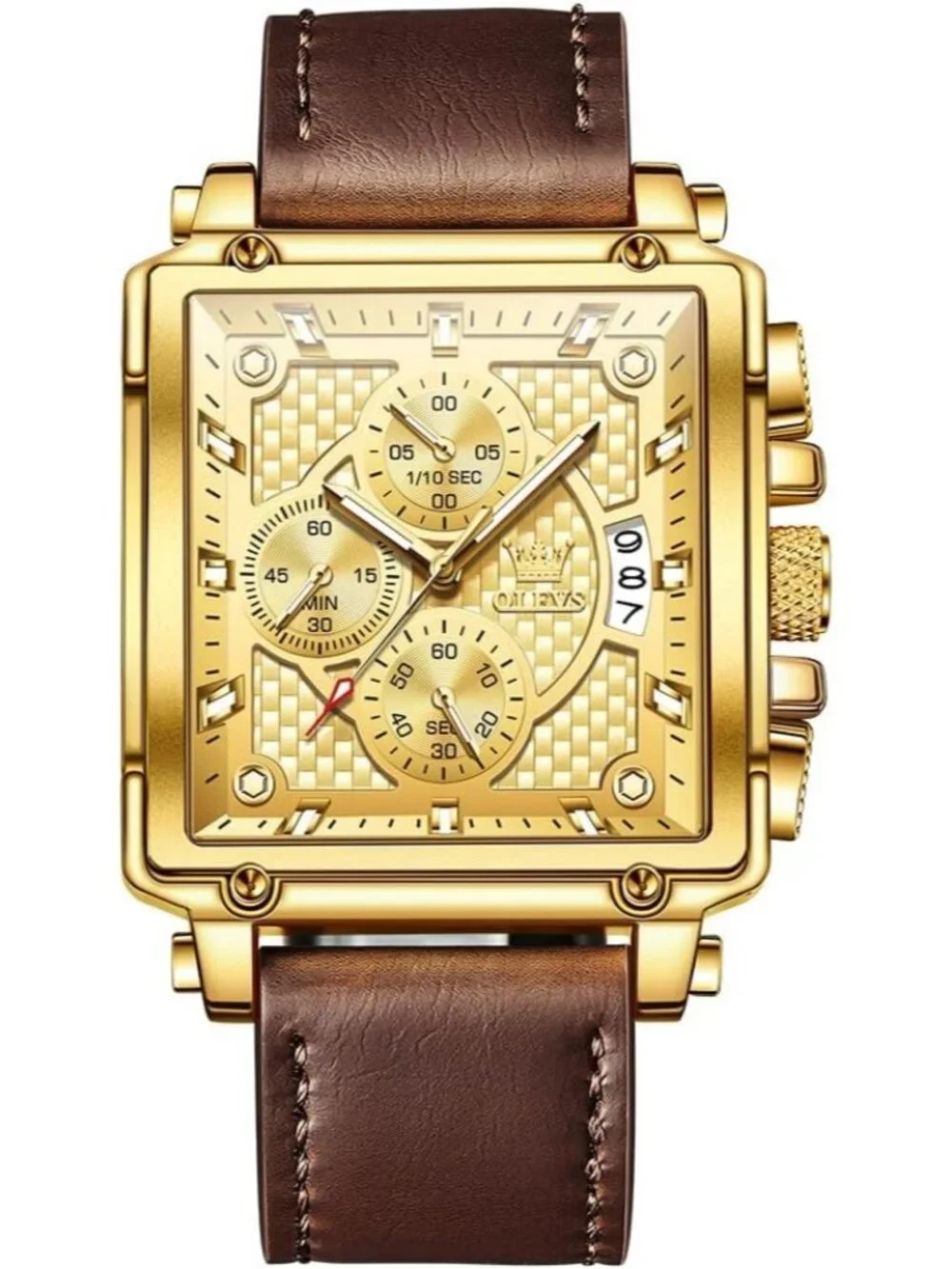 Men's Gold Brown Leather Chronograph Watch Big Face Waterproof Luminous Watch